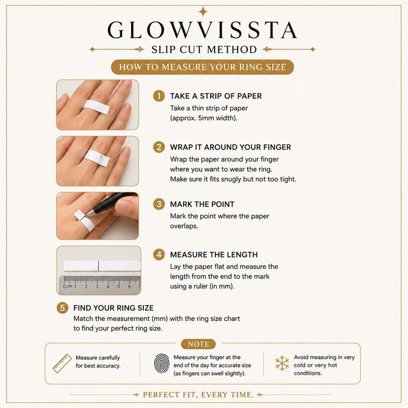May include: Image showing instructions on how to measure ring size using the slip cut method. The steps include using a paper strip, wrapping it around the finger, marking the point, measuring the length in millimeters, and finding the ring size.