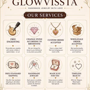 May include: An advertisement for Glowvissta handmade jewelry, featuring services like free engraving, custom orders, and wholesale options. The design includes icons and text, with a focus on quality and customer care.
