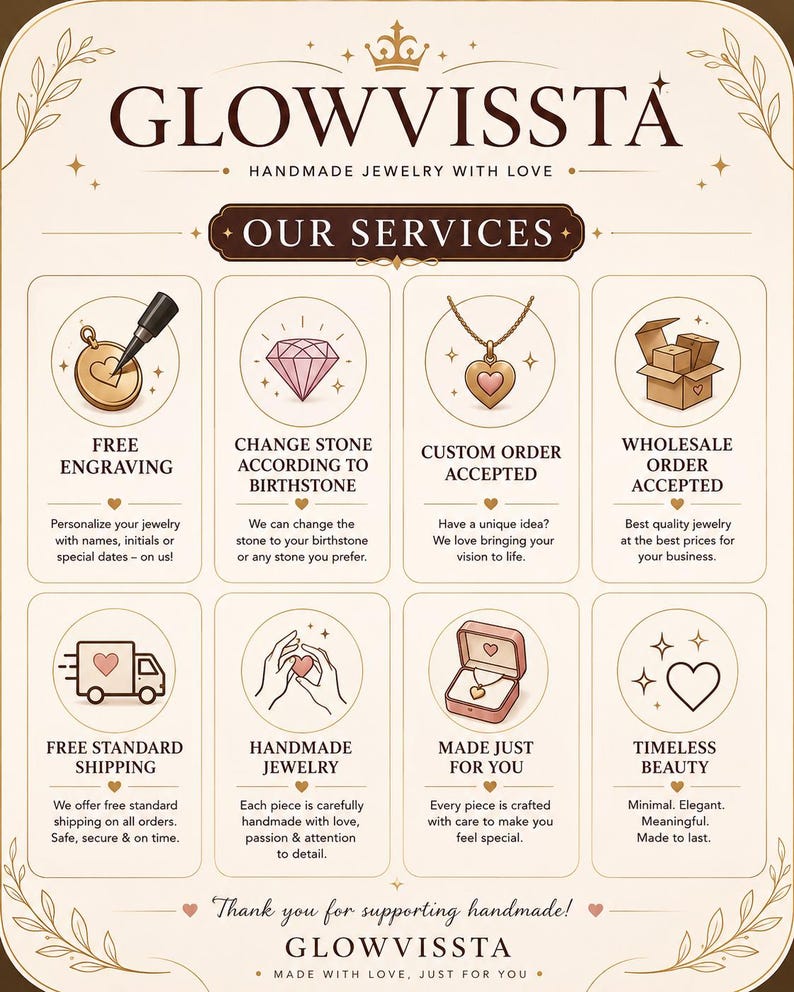 May include: An advertisement for Glowvissta handmade jewelry, featuring services like free engraving, custom orders, and wholesale options. The design includes icons and text, with a focus on quality and customer care.