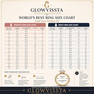 May include: A ring size chart with measurements in millimeters, inches, and UK/Canada sizes. Includes instructions on how to measure ring size, with a diagram of a ring and the text "GLOWVISSTA" at the bottom.