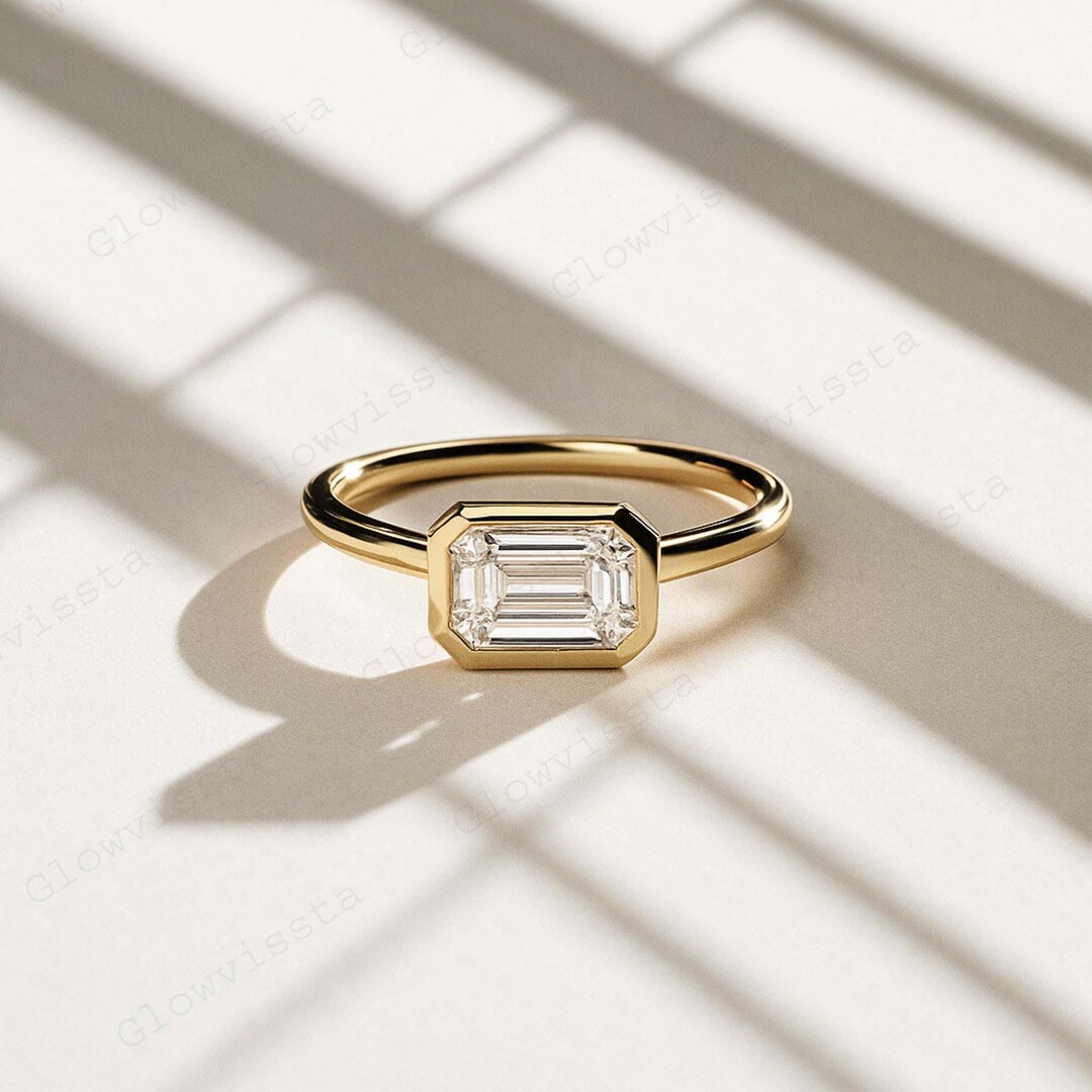 Emerald Ring, Horizontal Rectangle Bezel Set Ring, Bezel Set Engagement ...