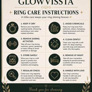 May include: A dark green and gold ring care instructions guide from Glowvissta. The guide includes tips on keeping rings dry, avoiding chemicals, cleaning gently, and storing safely. The text reads "Jewelry that sparkles, care that lasts."