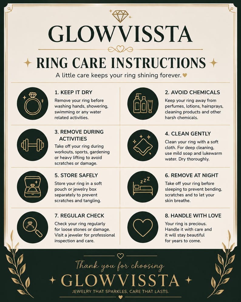 May include: A dark green and gold ring care instructions guide from Glowvissta. The guide includes tips on keeping rings dry, avoiding chemicals, cleaning gently, and storing safely. The text reads "Jewelry that sparkles, care that lasts."