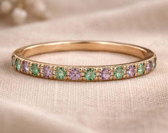 14k Gold Amethyst Emerald Ring - Dainty Stacking Anniversary Gift - February Birthstone Stacking Band, Half Eternity Jewelry Gift