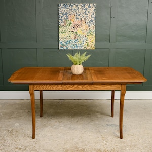 May include: A rectangular wooden dining table with a medium brown finish and a visible wood grain pattern. The table features a central leaf insert and four tapered legs. A small, light-coloured woven pot containing a green fern sits on top.