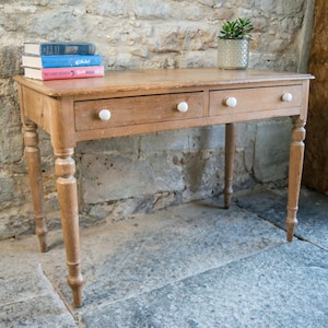 Antique Pine Console Table with Drawers & White Knobs - Farmhouse Style