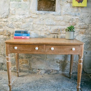 Antique Pine Console Table with Drawers & White Knobs - Farmhouse Style