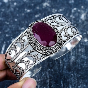 Ruby Gemstone Bangle 925 Sterling Silver Bangle Bracelet, Handcrafted Design, Adjustable Cuff Unique Artisan Crafted Jewelry Gift For Mom