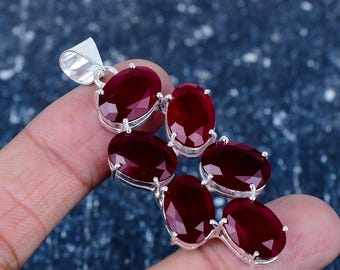 Lab-Created Red Ruby Pendant, 925 Sterling Silver, Statement Jewelry