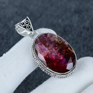 Ammolite Oval Pendant in 925 Sterling Silver – Antique Handmade Grounding Crystal Necklace • Bold Natural Ammolite Statement Gift for Him