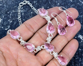 Pink Kunzite Necklace + Earring Jewelery Set, 925 Sterling Silver Jewelry, Kunzite Necklace, Kunzite Earring, Gift For Women and Girlfriend