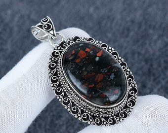 Bloodstone Pendant, Bloodstone Gemstone, 925 Sterling Silver Pendant, Natural Bloodstone Gemstone, Healing Crystal Pendant Necklace For Gift