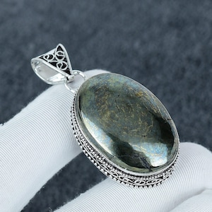 Handmade Golden Apache Pyrite Oval Pendant in Sterling Silver - Natural Gemstone Necklace for Women&quot; Gift Boho Pendant Gift For Her \