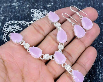 Conjunto de collar y pendientes de cuarzo rosa, joyería de plata de ley 925, collar de cuarzo rosa, pendientes de cuarzo rosa, regalo para mujer