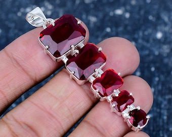 Red Garnet Gemstone Pendant, Handmade 925 Sterling Silver Long Pendant