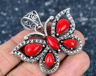 Colgante de piedra preciosa de coral rojo / Collar de plata de ley 925 / Joyería vintage / Joyería de plata Increíble colgante Regalo para ella / Regalo para madre \
