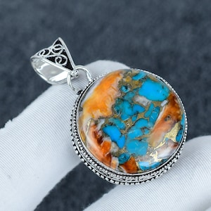Pingente de ostra espinhosa, colar feito à mão com pedra preciosa turquesa de ostra espinhosa, prata esterlina 925, joia de grife para mulheres, presentes de Natal