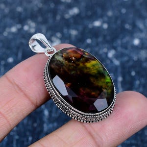 Ammolite Oval Pendant in 925 Sterling Silver – Antique Handmade Grounding Crystal Necklace • Bold Natural Ammolite Statement Gift for Him