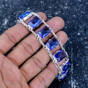London Blue Topaz Gemstone Style Handmade Bracelet | 925 Sterling Silver Statement Jewelry | Bold Handmade Gifts | Adjustable Clasp Bracelet