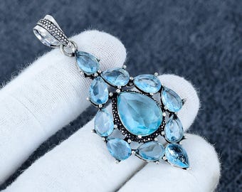Swiss Blue Topaz Pendant, Blue Topaz Pendant with Silver Chain, Blue Topaz Gemstone Handmade 925 Sterling Silver Jewelry Pendant For Gift