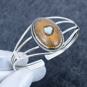 Sällsynt Boulder Opal Manschettarmband, Sterlingsilver australiska opalsmycken, Naturlig ädelstensmanschett, Boho Statement-armband, Gåva till henne