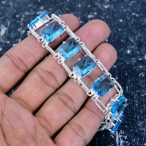 Blue Topaz Gemstone Style Handmade Bracelet | 925 Sterling Silver Statement Jewelry | Bold Handmade Gift for Her | Adjustable Clasp Bracelet