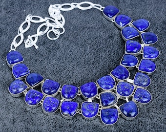 Natürliche Lapis Lazuli Edelstein Halskette 925 Sterling Silber Schmuck Lapis Lazuli Birthstone Halskette Boho Silber Halskette Geschenke für Mama