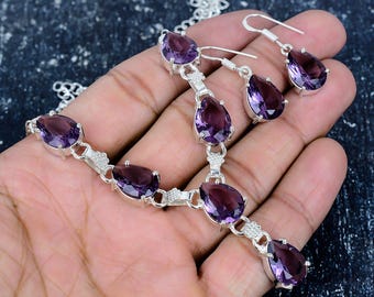 Conjunto de collar y pendientes de amatista morada, joyería de plata de ley 925, collar de amatista, pendientes de amatista morada, regalo para mujer