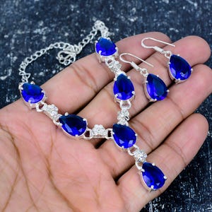 Blue Topaz Quartz Necklace For Her, Topaz Necklace + Earring + Jewelry Set, 925 Sterling Silver Jewelry, Wedding Gift For Women Gift For Mom