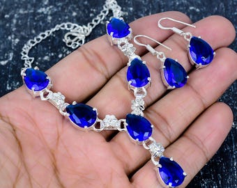 Blue Topaz Quartz Necklace For Her, Topaz Necklace + Earring + Jewelry Set, 925 Sterling Silver Jewelry, Wedding Gift For Women Gift For Mom