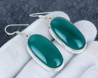 Groene onyx oorbel, 925 sterlingzilveren oorbel mooie edelsteen groene onyx cabochon oorbel verjaardagsoorbel cadeau voor haar voor vrouwen