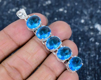 Blue Topaz Pendant, Blue Topaz Pendant with Silver Chain, Blue Topaz Gemstone Handmade 925 Sterling Silver Jewelry Pendant For Gift