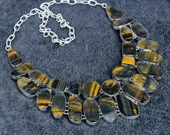 Natural Tiger Eye Gemstone Necklace 925 Sterling Silver Jewelry Tiger Eye Birthstone Necklace Bohemian Silver Necklace Birthday Gifts