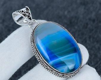 Blue Banded Agate Pendant, Sterling Silver Boho Jewelry