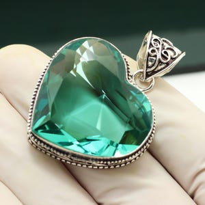 Heart Shape Green Apatite Gemstone Pendant | 925 Sterling Silver Necklace | Vintage Jewelry | Silver Jewelry Gift for Her | Gift For Mother