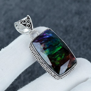 Ammolite Pendant Sterling Silver |Natural Multicolor Gemstone Necklace |Handmade Healing Crystal Jewelry Gift Party Wear Jewelry For Women&#39;s