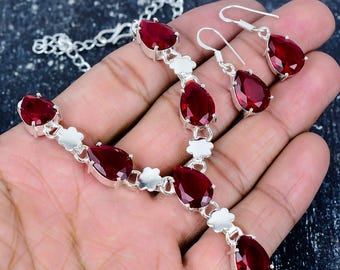 Rode granaatkwartsketting voor haar, granaatketting + oorbel + sieradenset, 925 sterlingzilveren sieraden, huwelijkscadeau voor vrouwen Cadeau voor moeder
