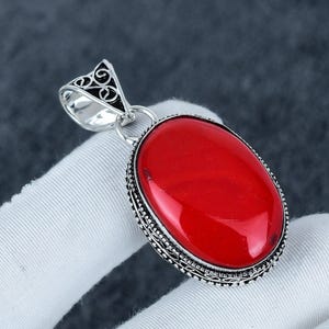 Natural Red Coral Pendant • Sterling Silver Oval Gemstone Necklace • Handmade Healing Jewelry Gift for Women Christmas Gifts Chain Necklace
