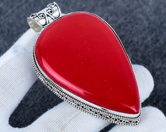 Riesen rote Koralle Groß Anhänger Riesen Edelstein 925 Sterling Silber Schmuck Anhänger, Rote Koralle Edelstein Kette Schmuck Geschenk für Sie