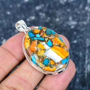 Colar com pingente de ostra espinhosa laranja e pedra preciosa turquesa em prata esterlina 925 | Joias vintage | Presente de joias de prata para ela | Presente para a mãe