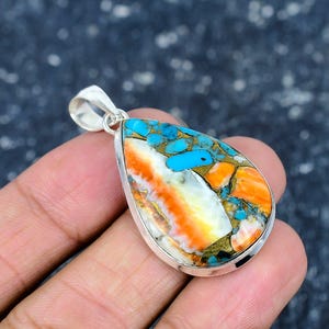 Orenge Spiny Oyster Pendant Turquoise Gemstone 925 Sterling Silver Necklace | Vintage Jewelry | Silver Jewelry Gift for Her| Gift For Her
