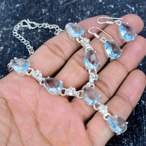 Swiss Blue Topaz Quartz Necklace For Her, Topaz Necklace + Earring + Jewelry Set, 925 Sterling Silver Jewelry, Wedding Gift For Women