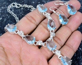 Swiss Blue Topaz Quartz Necklace For Her, Topaz Necklace + Earring + Jewelry Set, 925 Sterling Silver Jewelry, Wedding Gift For Women