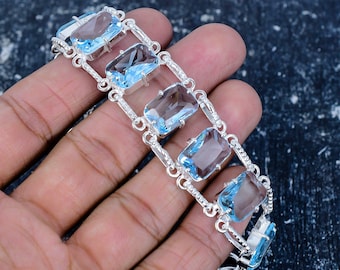 Swiss Blue Topaz Gemstone Handmade 925 Sterling Silver Bracelet Adjustable Chain Bracelet, December's Topaz Birthstone Gifts For Girlfriend