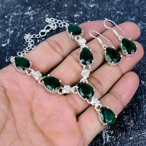 Emerald Quartz Necklace For Her, Emerald Necklace + Earring + Jewelry Set Sterling Silver Anniversary Gift For Women and Girlfriend