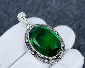 Oval Green Tourmaline Pendant, 925 Sterling Silver, Boho Handmade Jewelry