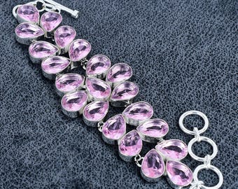 Pulseira de pedra preciosa kunzita rosa feita à mão em prata esterlina 925, pulseiras de cristal para presentes, pulseira exclusiva para presentes de aniversário
