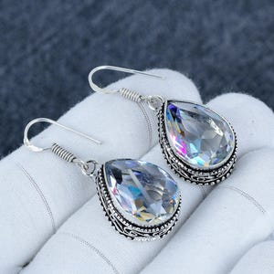 Mystic Topaz Gemstone Handmade 925 Sterling Silver Vintage Earring, Mystic Topaz Silver Earring, Topaz Earring Wedding Gift For Wife