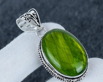 Green Flash Labradorite 925 Sterling Silver Pendant, Handmade Boho Jewelry