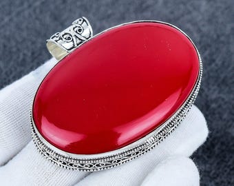Rote Koralle, Groß Edelstein Handgemachter 925 Sterling Silber Schmuck Anhänger, Rote Koralle Geschenke Anhänger, Groß Koralle Edelstein Schmuck Anhänger